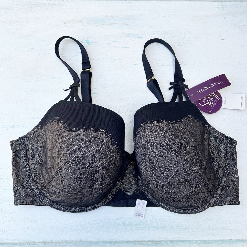 Cacique Seriously Sexy Collection Lightly Lined T-shirt Bra Size 38DD Black Lace